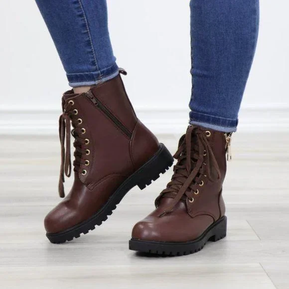 Faux leather brown laced up combat boots - Picture 10 of 11